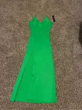 Almost Famous Bright Green Ribbed Maxi Slip Dress with Side Slit